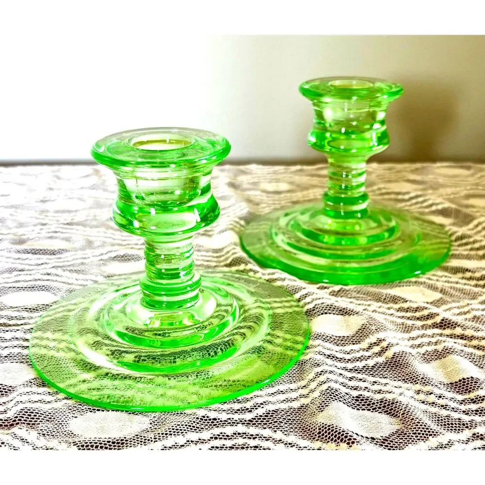 Pair Vintage Uranium Glass Candlesticks UV Reactive Green Candle Holders